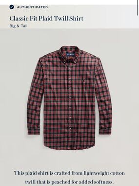 Polo Ralph lauren men’s  Classic Plaid Button-Down Shirt in Red & Black 3XB